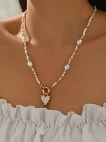 1件时尚波西米亚风串珠项链，简约仿珍珠白色釉面合金心形吊坠项链，适合日常佩戴、海滩、派对、拍照等场合 - 彩色 - 查看 7
