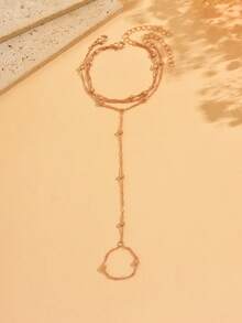 2件套经典金色串珠链条手链，优雅女士饰品，适合日常佩戴和派对场合，手工制作，链长可定制 - 金色 - 查看 2