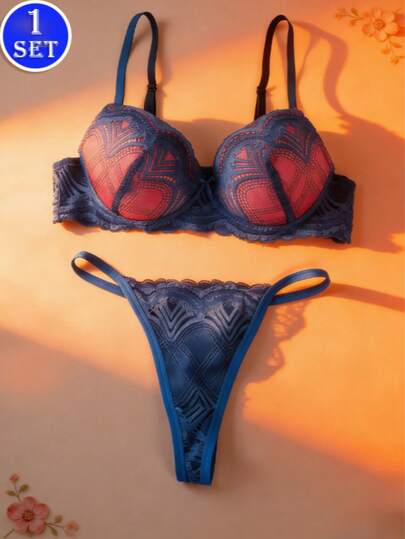 两件套蓝紫色蕾丝无钢圈文胸套装，成熟性感可调节肩带露背印花内衣，面料柔软，深V领设计，支撑性强，情人节送给女友的最佳礼物，送给男友的惊喜礼物