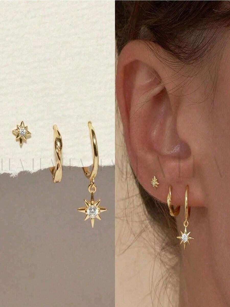 3PCS Mobius Rotating Twisted Earrings Starburst Earnail Pendant Set Copper Alloy Inlaid With Cubic Zirconia Middle East High Model Suitable For Women's Daily Gift Giving, Photography, Wearing Jewelry Earbone Jewelry - 扭紋耳環套裝 - 查看 1
