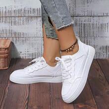 Women's Solid Color Casual Flat Shoes, Round Toe Lace-Up Breathable Non-Slip Shoes, Women's Classic Casual Sports Shoes, Solid Color Lace-Up Low-Top Casual Shoes, Women's Comfortable Shoes, Very Suitable Outdoor Activities, Walking And Daily Commuting - 白色 - 查看 6