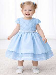 Baby Girl Princess Party Dress With Puff Sleeves, Pearl Appliqué, Layered Tulle Skirt, Lightweight, Full-Fashioned Fabric, Luxurious And Elegant, Defined Waist, Pearl Sash, Classic Style, Charming Look, Sophisticated Outfit, Delicate Appearance, Impeccable Finish, Soft Touch, High Quality, Shine, Comfortable Baby Clothes, Ideal For Christening, Birthday, Wedding, Christmas, New Year's, Ceremony, Special Gift, Photoshoot, Princess Baby Look, Timeless Piece,  Style, Feminine Look, Easy To Wear, Careful Sewing, Secure Closure, Beautiful, Modern, Glamorous Children's Clothing, Festive Look, Stylish Girl, Refined Appearance, Highlight, Important Occasion, Commemorative Outfit, Striking Presence, Complete Baby Look, Charming Piece That Conveys Sweetness And Sophistication, Outfit That Shines And Enchant Mothers And Guests - Màu xanh nhạt - Xem 1