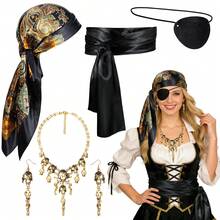 女士海盗服装套装，包括海盗头巾、腰带、项链、耳环、眼罩，万圣节嘉年华角色扮演服装配饰套装 - 彩色 - 查看 11