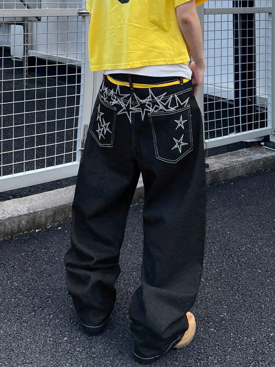 1 chiếc quần jeans nam ống rộng dáng suông thoải mái kiểu Mỹ cổ điển, thêu họa tiết (Sản phẩm không bao gồm thắt lưng và phụ kiện) - màu đen - Xem 1