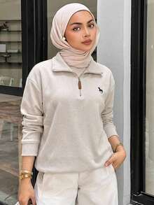 Livesso Pattern Printed Half-Zipper Leisure Sweatshirt,Ladies Spring/Fall Casual Embroidery,Patched,Zipper Long Sleeve Collar Regular Fit Regular Light Grey Viscose Drop Shoulder Half Placket Women Hoodies,Long Sleeve Tops - Light Grey - View 3