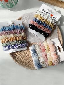 6pcs Satin Fabric Hair Ties Combination, Multi-Element, High Elasticity, Non-Damaging, Minimalist Polka Dot/Striped Basic Hair Scrunchies - Multicolor - View 2