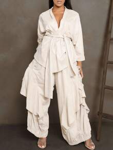 GLOURI Women's Cream Two-Piece Loungewear Set - Open Front Tie-Waist Kimono & Wide-Leg Ruffled Pants | Relaxed Effortless Fit For Beach Vacation, Casual Hangouts & At-Home Lounging (Flowy Ruffled Silhouette & Minimalist Neutral Design) - 米白色 - 查看 1