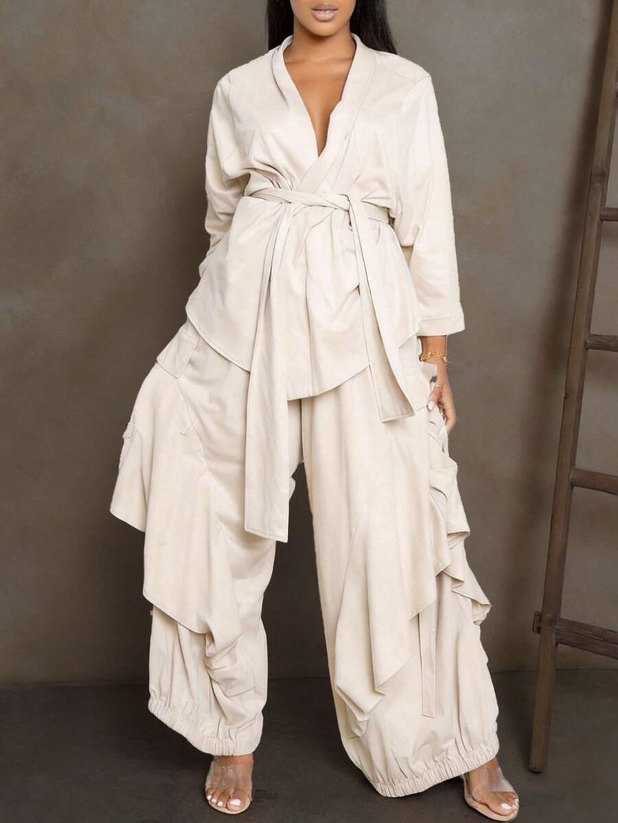 GLOURI Women's Cream Two-Piece Loungewear Set - Open Front Tie-Waist Kimono & Wide-Leg Ruffled Pants | Relaxed Effortless Fit For Beach Vacation, Casual Hangouts & At-Home Lounging (Flowy Ruffled Silhouette & Minimalist Neutral Design) - 米白色 - 查看 1