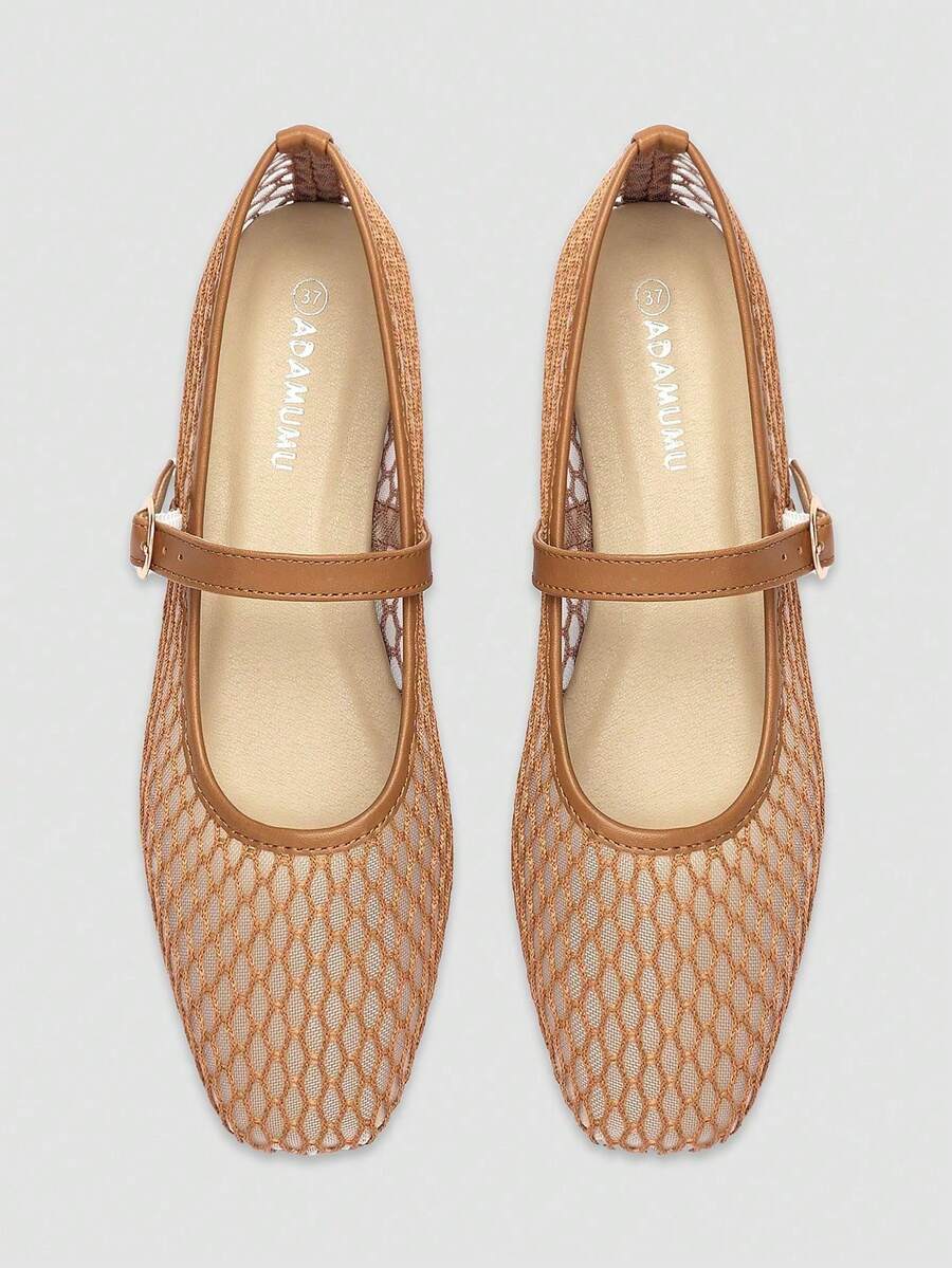 Zapatos planos de moda ADAMUMU para mujer, zapatos de baile de tela de malla bordada con encaje, zapatos planos casuales de unicolor y transpirables, de punta cuadrada y color claro, elegantes y cómodos - Marrón - Ver 1