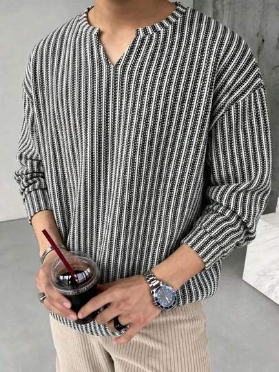 Blueprint Man 男士V领长袖鱼骨针织T恤，新款春夏打底衫，面料柔软舒适，适合叠穿，轻薄休闲，低调复古风，适合日常穿着。