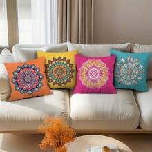 Bộ 4 vỏ gối trang trí họa tiết Mandala màu xanh dương, hồng san hô, vàng mù tạt và cam đậm - kích thước 17.7*17.7 inch, in một mặt, thích hợp cho phòng khách, hiên nhà, văn phòng, xe hơi, có khóa kéo và có thể giặt máy, không bao gồm ruột gối. - Nhiều màu - Xem 8