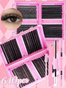 640pcs Eyelash Extension Kit, DIY Eyelash Extension Set (8-16mm), Individual Cluster Eyelashes D Curl Eyelash Extension Kit With Glue, Sealer And Eyelash Curler Tools, Eyelashes, Eyelash Clusters, Mascara, Artificial Black Eyeliner Suitable For Daily Use, Parties, Travel Or Gift For Family And Friends - 黑色 - 查看 7