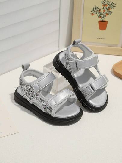 1 Pair Girls' Fashion Versatile Casual Sandals, Soft Bottom Comfortable Sequin Princess Sandals, Toddler First Walking Sandals