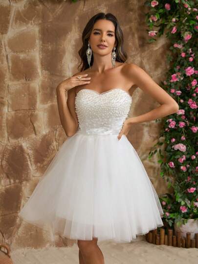 YUMIBRAVO 芭蕾舞风格新娘婚纱，白色手工仿珍珠缎面无肩带婚纱，女士短款舞会礼服，薄纱新娘婚纱，舞会礼服，适合春夏婚礼派对的白色礼服，新娘，情人节