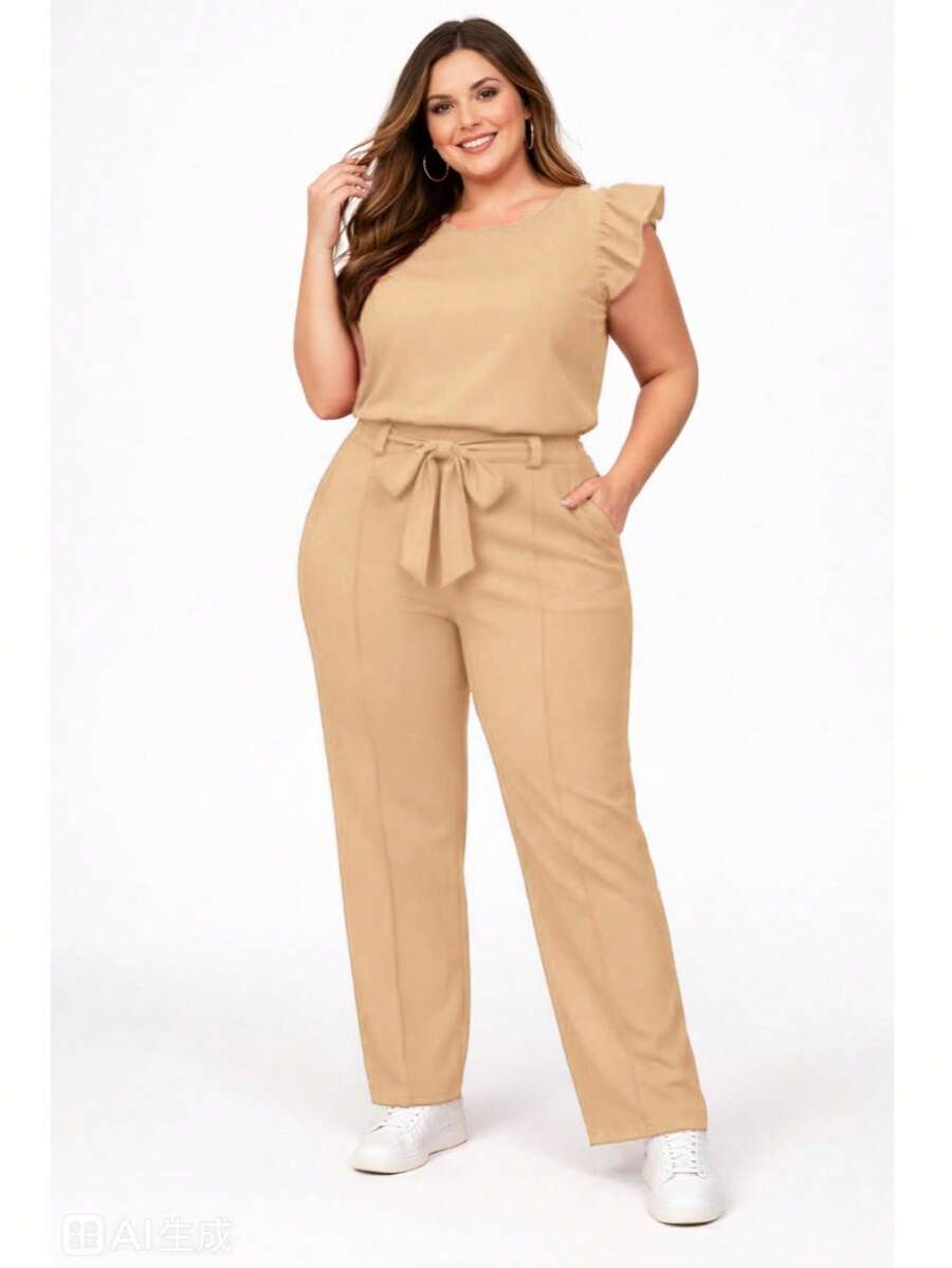 Elegant Plus Size Social Set In Dune Crepe, Casual Style With Drawstring Pockets, For Office Or Home. - Khaki - View 1