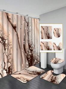 Marble Pattern Bathroom Set - Natural Flowing Texture Design, Includes Shower Curtain, Bath Mat, Toilet Seat Cover And Non-Slip Bathroom Mat, Adds A Blend Of Modern And Natural Beauty To The Bathroom - A - View 11