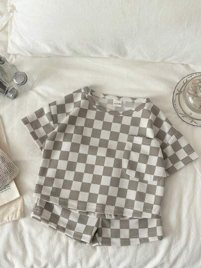 INS Baby Boys Short Sleeve Round Neck T-Shirt + Elastic Waist Shorts 2pcs Set, Summer