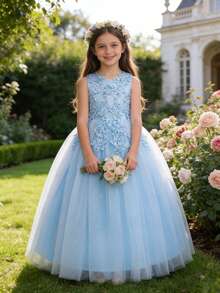 Tween Girl Lace Wedding Party Dress, Princess Pageant Evening Gown - Baby Blue - View 5