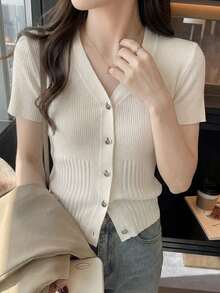 Women's V-Neck Short Sleeve Knit Cardigan, Fitted Elegant Sweater Top, Spring/Summer - Apricot - View 4