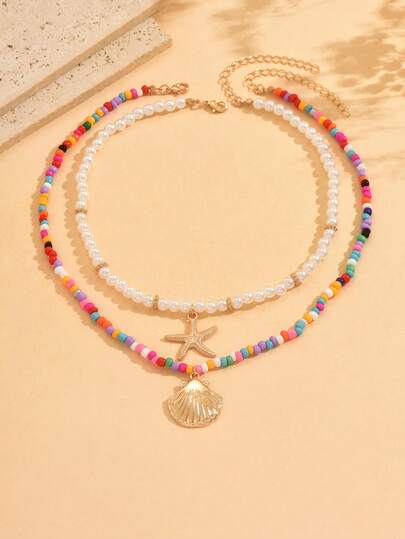 2件套时尚彩色串珠仿珍珠手工项链，配海星吊坠，优雅项链饰品，适合日常佩戴、旅行、派对等场合。