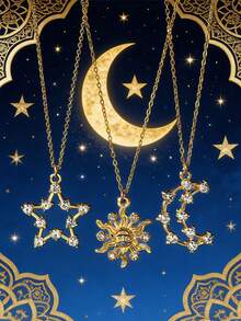 3pcs Silver Stainless Steel Star, Sun And Moon Design Friendship Necklace Set, Suitable For Women Daily Wear Or As A Vacation Or Back To School Gift - Yellow Gold - View 7