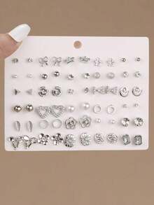 30pcs/Set Minimalist Bow, Flower, Pearl & Metal Cute Sweet Style Earrings Set For Girls - Silver - View 2