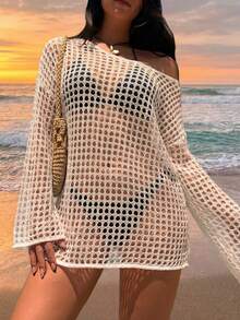 女士新款纯色性感针织罩衫，适合海滩度假 - 白色 - 查看 1
