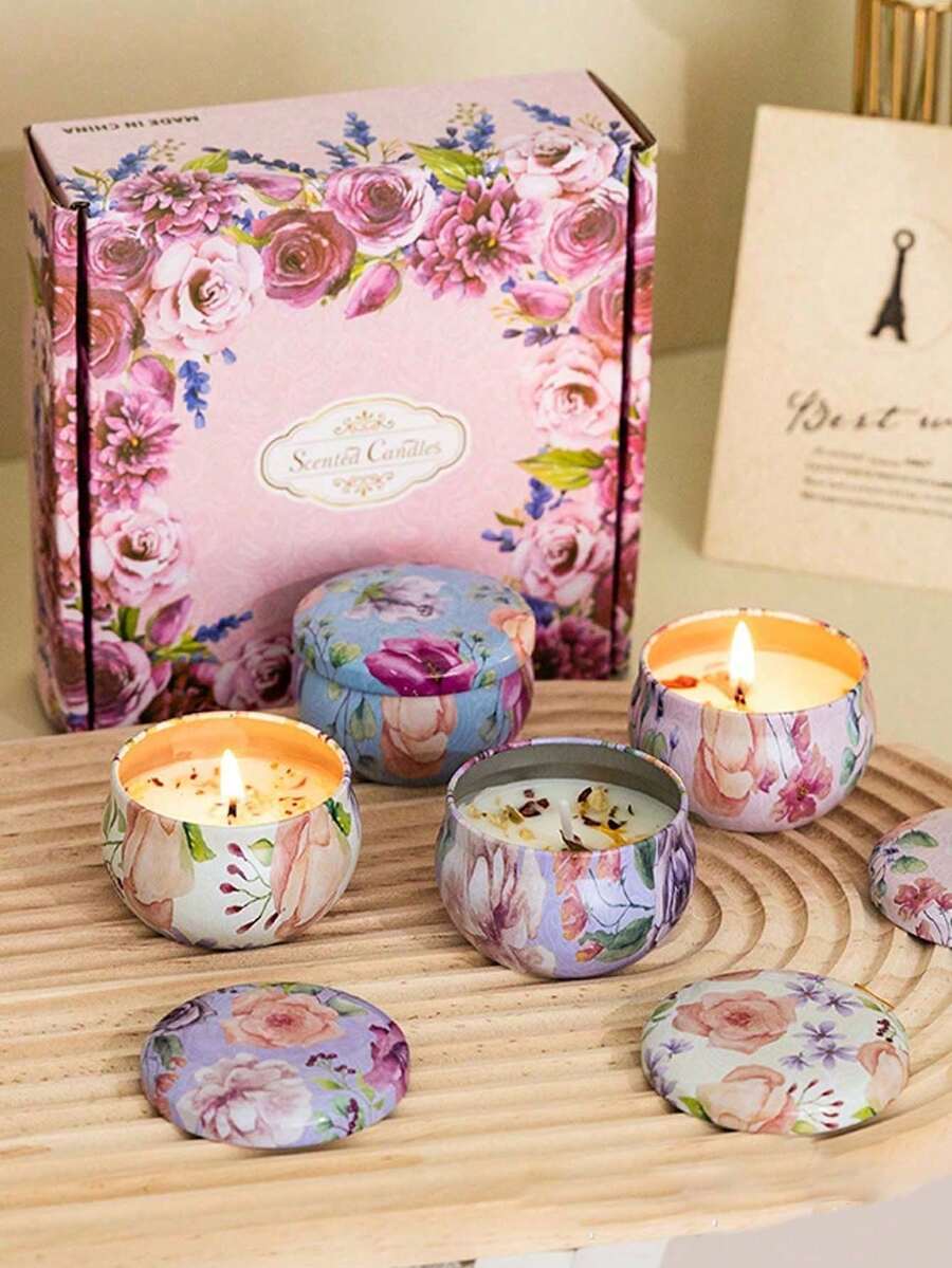 1 pezzo/4 pezzi Set di terapia con cera profumata, tazze di candele di cera di soia fatte in casa, decorazione floreale per matrimoni e vacanze, regalo perfetto per famiglia e amici, barattoli di candele profumate per compleanno, San Valentino o Festa della Mamma, confezione regalo per aromaterapia - multicolore - Visualizzare 1