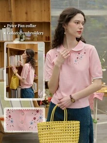 Simple Retro Women's Flower Embroidery Bumper Button Half-Placket Short Sleeve Knit Pink Top Summer Tops Summer Clothes Women Commuter Office Interview French Elegance - Pink - View 5
