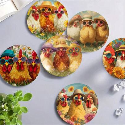 1set/4pcs/6pcs/300pcs Retro Farmhouse Chicken Pattern Printed Diatomite Coasters. Suitable For Home Decoration, Coffee Shops, Afternoon Tea, Restaurants. Suitable For Themed Parties And Daily Decoration. Can Be Given As A Gift.