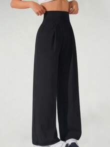 3-Piece Pantalones Deportivos De Pierna Ancha Con Bolsillos Plisados Y Cintura Alta De Color Sólido Para Mujer Con Diseño De Pierna Ancha, Con Bolsillos, Pantalones Casuales De Cintura Alta Y Pierna Ancha Para Ejercicio Cómodos, A Menudo Casuales En Primavera, Otoño E Invierno. - 彩色 - 查看 5