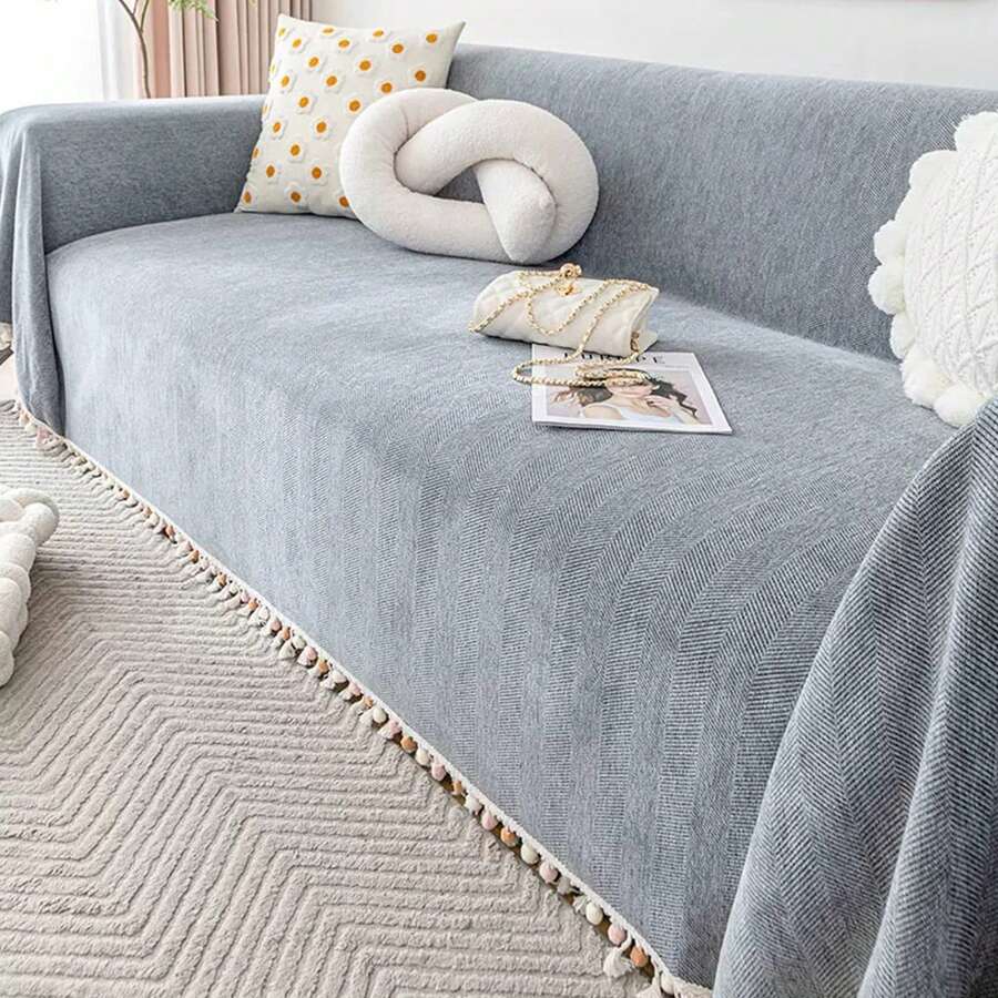 Thick Soft Chenille Fabric Sofa Cover For 3-Cushion Loveseat With Tassel Fringe Washable Sectional Couch Throw Slipcover - 深灰色 - 查看 1