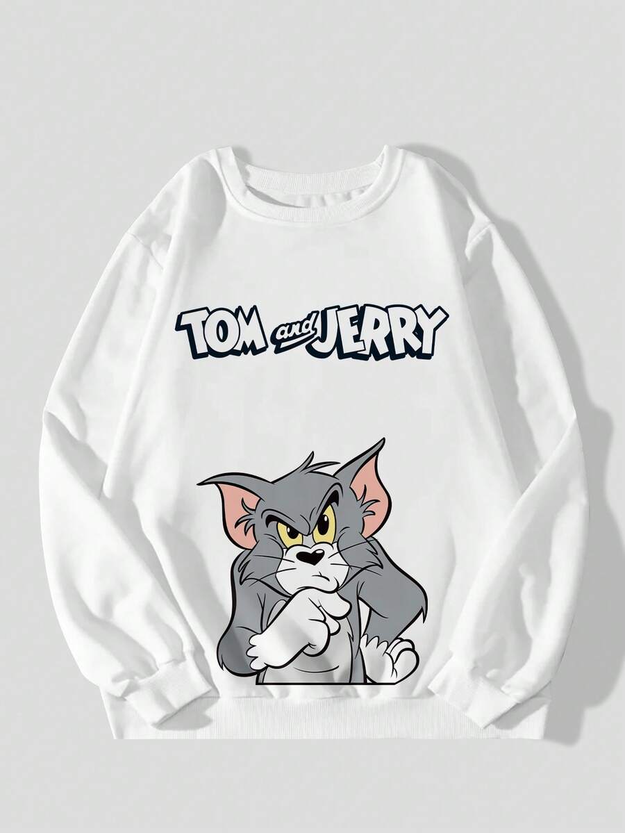 Men's Casual Thinking Tom Letter Print Round Neck Long Sleeve Sweatshirt, Spring/Autumn - White - View 1