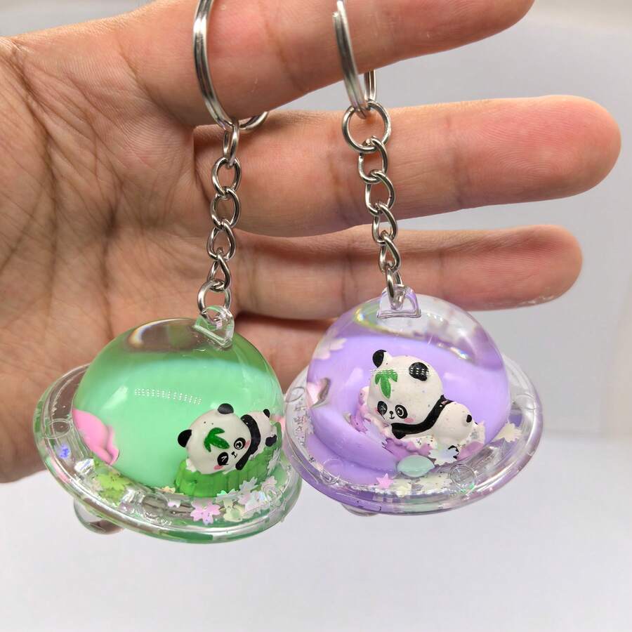 Acrylic Spaceship & Panda Keychain, Opaque Milk Tea Color Liquid, Cute Shiny Bag Charm Keyring, Holiday Gift For Friends, Innovative Car Key Chain Accessory, Available In Multiple Colors
