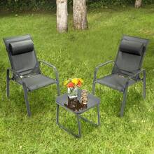COSTWAY 3-Piece Outdoor Bistro Set, Patio Stackable Chairs With Adjustable & Folding Backrest And Removable Headrest And Tempered Glass Coffee Table Set, Patio Conversation Set With Rustproof Steel Frame And Quick-Drying Fabric, Gray - Grey - View 5