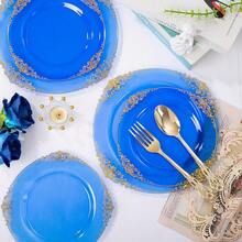 102PCS Blue Plastic Plates - Royal Gold Disposable Plates - Clear Blue Party Plate - Heavyweight Disposable Plate With Gold Rim - Fancy Dinner & Dessert Plates For 51 Guests Party Wedding - 藍色 - 查看 5