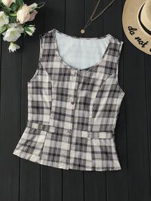 女士优雅格子印花无袖V领背心，春夏休闲款 - 灰格 - 查看 1