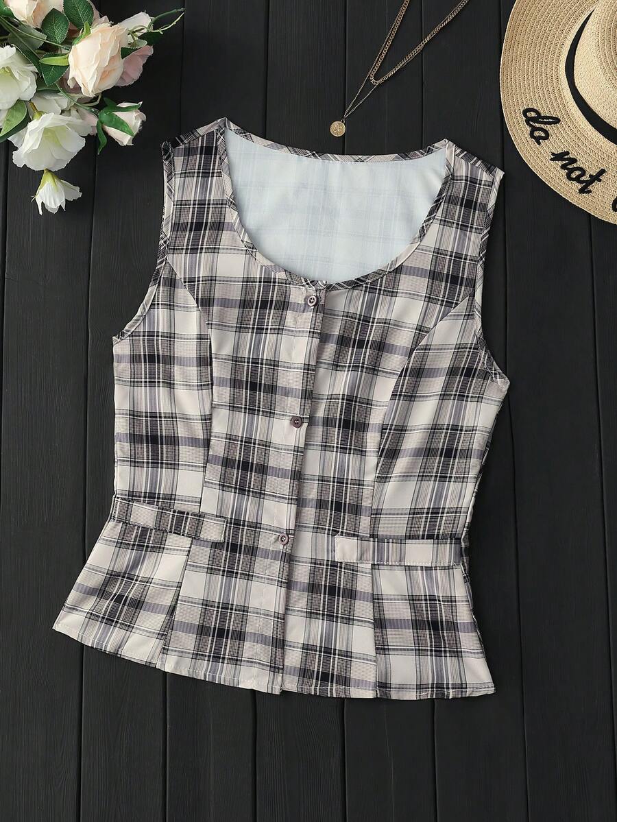 女士优雅格子印花无袖V领背心，春夏休闲款 - 灰格 - 查看 1