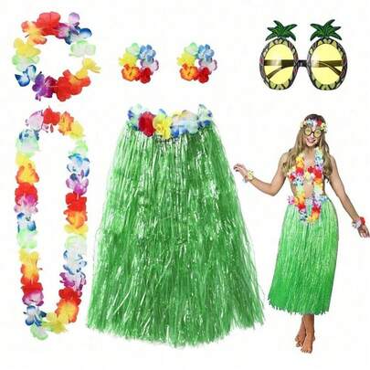 6pcs Hawaiian Style Set, Including 30/40/60cm Hawaiian Grass Skirt, Necklace, Bracelet, Headband And Pineapple Shaped Sunglasses, Adult Hawaiian Grass Skirt Suitable For Party, Dance, Tropical Beach, Birthday, Wedding Decoration