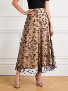 EARO Spring Garden Party, Women's High Waist Embroidered Floral Skirt, Sheer Mesh Overlay A-Line Skirt, Vintage Romantic Style, Date Skirt, Niche Design Skirt Casual Vacation - Apricot - View 3