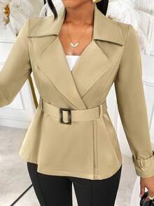 AIJ Amarilo 女士卡其色风衣式双排扣束腰西装外套 – 理想的春季女装、夏季工作服和日常通勤装 - 淺卡其色 - 查看 6