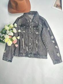 女士休闲牛仔夹克，适合音乐节，春夏季 - 深灰色 - 查看 6