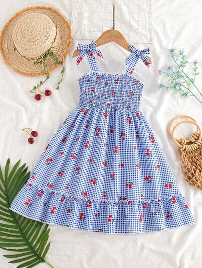 Young Girls' Summer New Cute Cartoon Fruit Cherry Print Dual-Color Plaid Suspender Casual Dress With Bow Decor, Suitable For Outdoor Wear