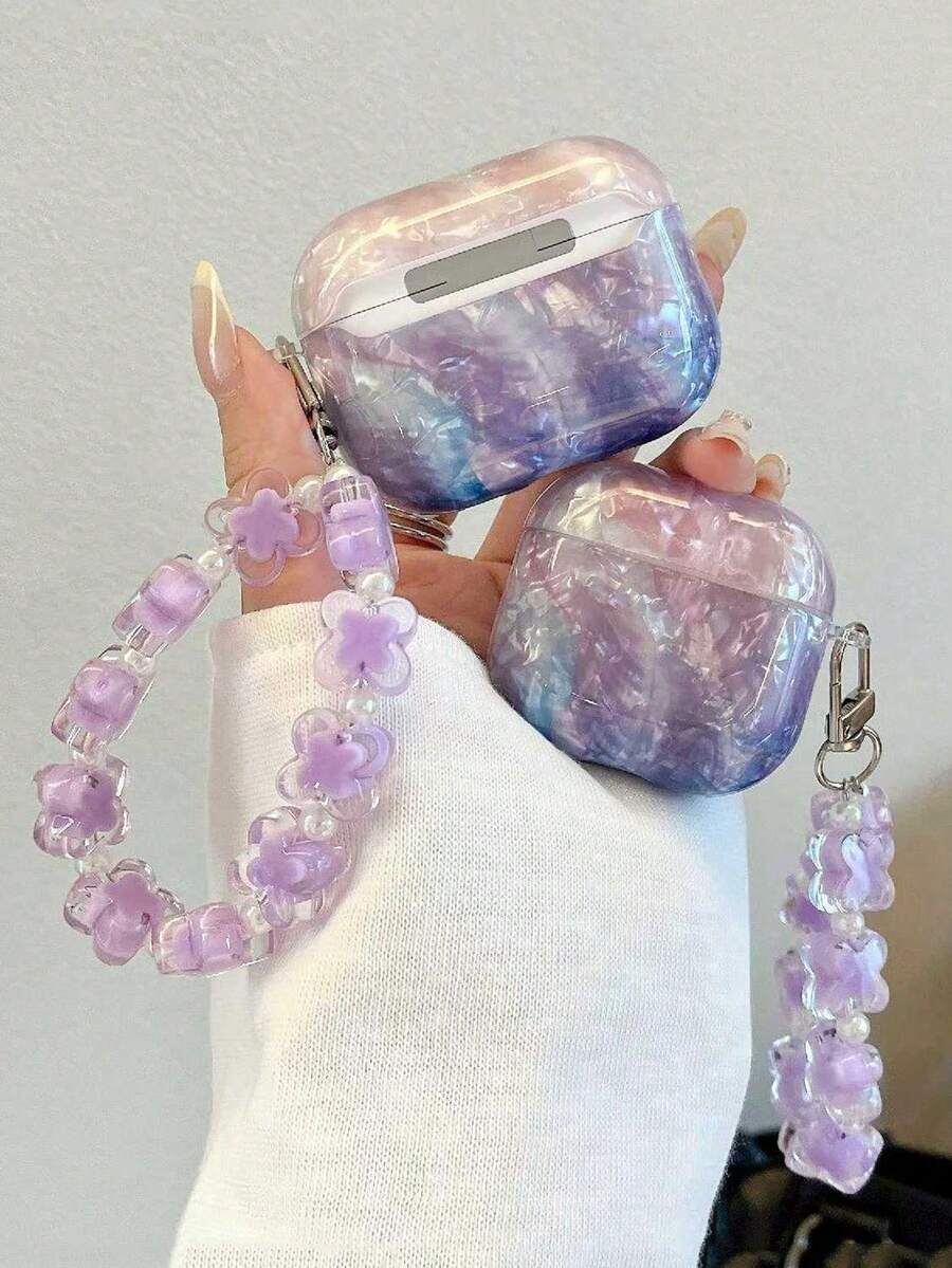 1pc Marble Purple Shell Pattern Beaded Lanyard Earphone Protective Case Compatible With Apple Pro 2nd/3rd Gen Bluetooth Earphones, Anti-Drop - Multicolor - View 1