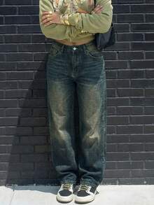 Women's Straight Leg Non-Stretch Denim Pants With Cat Whisker Details, Casual - Navy Blue - View 4