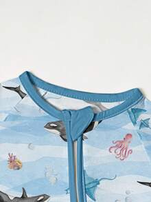 Baby Bamboo Fiber Zip-Up, Dolphin Octopus Underwater World Blue Print Short Sleeve Romper, Summer Knit Fabric Skinny Fit With Zipper Detail,  Baby Girl Clothes, Perfect For Outdoor - 淺藍色 - 查看 3