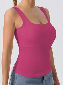 Ladies' Large U-Shaped Beautiful Back Casual Sports Vest, Women's Detachable Chest Pad, Fitted Solid Color, Worn Inside And Outside, Base Layer, Tank Vest - 玫紅色 - 查看 4