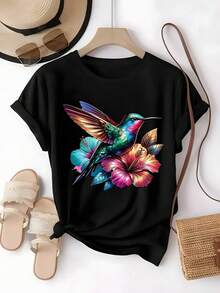 Playera Colibrí Flores, Estampado Exótico, Fresca, Extrañar, Playa & Vacaciones,  México,blusas elegantes dama,tops,parejas,blusas curvy mujer. - Negro - Ver 1