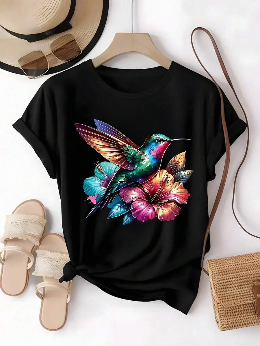 Playera Colibrí Flores, Estampado Exótico, Fresca, Extrañar, Playa & Vacaciones,  México,blusas elegantes dama,tops,parejas,blusas curvy mujer. - Negro - Ver 1