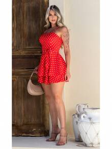 Basic Printed Jumpsuit With Padded Cups - Duna Premium - Red + Polka Dots - View 3